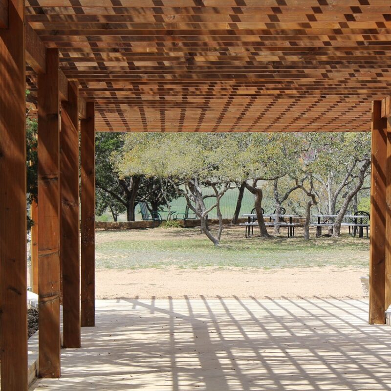 Large pergola wodden structure in light brown